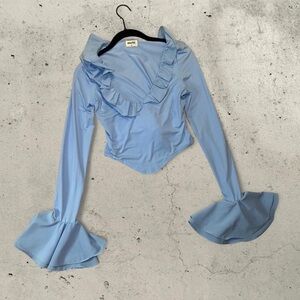 Blue Flared Sleeve Cropped Blouse